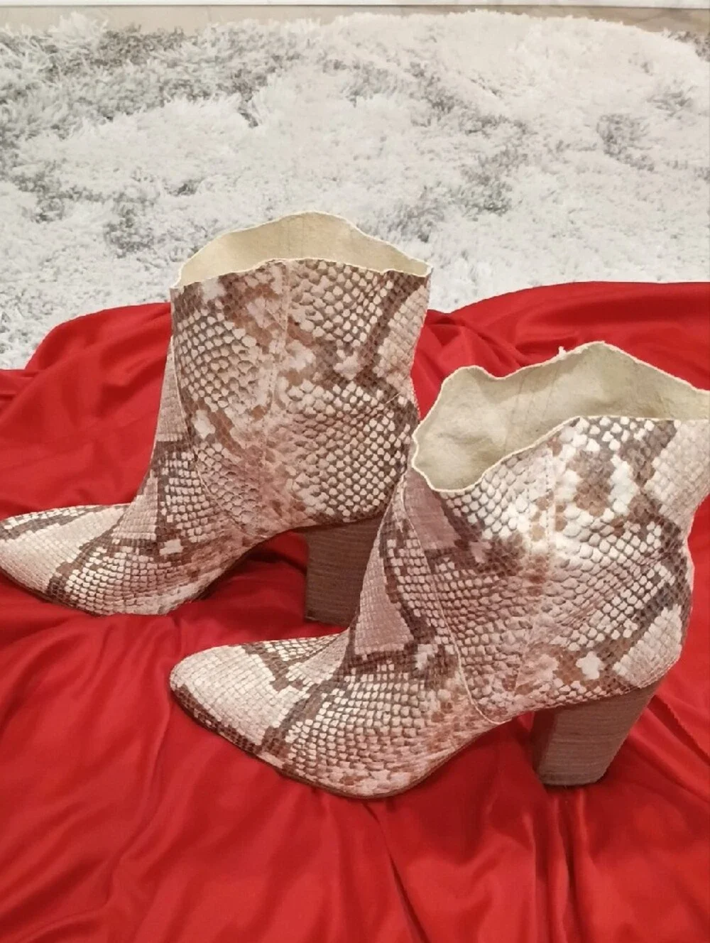 Vince Camuto Cream and Brown Snake-Print Pointed Ankle Booties
